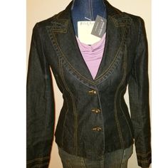 Internal Tracking Lot #135a, Nwt Bisou Bisou Premium Denim Buttoned Blazer Jacket, Size 2. Retail: Jacket $64. Not Lined. All Measurements Are Approximate, Laying Flat, From Side To Side, Except For Length, In Inches: Jacket, Not Lined: Long: 22.25" Bust 17" Waist 14" Hips 16" Sleeve Length 24" #Jean #Vintage #Denim #Jean Detail #Selvedge Denim Jeans #Denim Trucker Jackets #Selvedge Denim #Hot Fall Trend #Texture #Restyled #Reused #Recycle #Repurpose #Sustainable #Eco-Friendly #Denim On Denim Tr Fitted Denim Jacket In Medium Wash, Fitted Dark Wash Denim Jacket For Fall, Winter Fitted Denim Jacket With Button Closure, Fitted Denim Jacket With Button Closure For Winter, Fitted Denim Blue Jacket For Fall, Fitted Long Sleeve Denim Jacket For Work, Fitted Medium Wash Single Breasted Blazer, Fitted Single Breasted Blue Denim Jacket, Fitted Button-up Denim Jacket For Winter