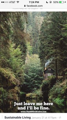 a small cabin in the middle of a forest next to a body of water with trees around it