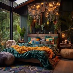 a bed room with a neatly made bed and lots of lights hanging from the ceiling