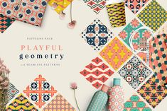 an assortment of colorful geometric patterns on a white background with text that reads playful geometric