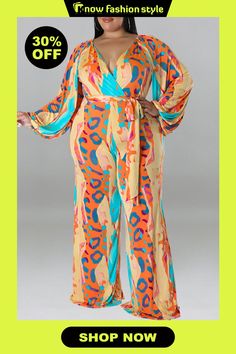 Yellow Casual Print Bandage Patchwork V Neck Plus Size Jumpsuits Orange Long Sleeve Jumpsuits And Rompers For Summer, Trendy Long Sleeve Jumpsuits And Rompers For Beach, Jumpsuit Online, Plus Size Jumpsuit, Clothing Plus Size, Plus Size Pants, Plus Size Fashion For Women, Dresses Plus Size, Curvy Outfits