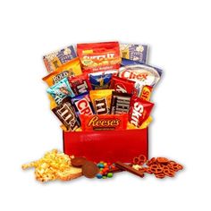 a red box filled with candy and snacks