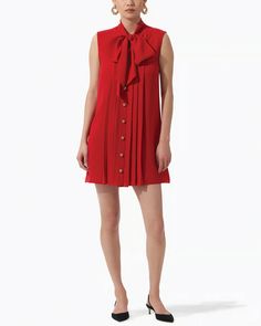 Carolina Herrera Lacquer Red Pintuck Tie Neck Dress High neck Self-tie neck Sleeveless Button down front closure Pintuck detail at front Relaxed fit Mini length 100% polyester Made in USA Carolina Herrera 2022, Simple Shift Dress, Tie Neck Dress, Dream Closets, Red Mini Dress, Capsule Collection, Ladies Dress Design, Carolina Herrera, Tie Neck