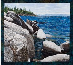 a painting of rocks and water with trees in the background