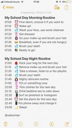 Notes List Ideas, Morning Night Routine, Night Skin Care, Night Routines, School Routine For Teens, Daily Routine Schedule, Morning Routine School, School Morning