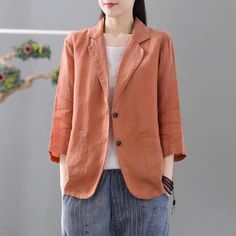 Details: Gender: Women Item Type: Jacket Material: Linen Pattern Type: Solid Season: Spring, Autumn Style: Leisure, Daily, Retro Occasion: Going Out, Daily Size: One Size Length: 64.00 cm/ 25.20 " Bust: 106.00 cm/ 41.73 " Shoulder: 43.00 cm/ 16.93 " Sleeve: 42.00 cm/ 16.54 " Cheap Orange Cotton Outerwear, Casual Solid Color Summer Blazer, Summer Cotton Long Sleeve Blazer, Summer Cotton Blazer With Long Sleeves, Casual Outerwear For Fall Gatherings, Spring Single-breasted Long Sleeve Blazer, Brown Spring Outerwear With Pockets, Casual Brown Blazer With Notch Lapel, Casual Notch Lapel Blazer For Work