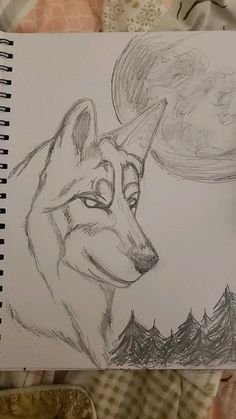 a pencil drawing of a wolf with trees in the background and a full moon behind it