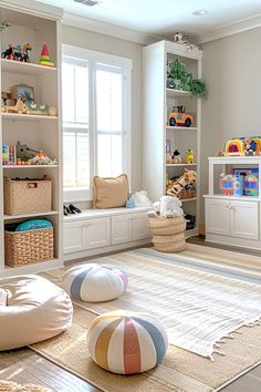 a child's playroom with toys and bookshelves