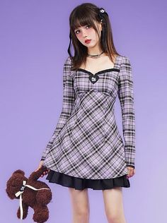 ❤︎Black Purple Gridward Bubble Lace Dress❤︎ Maya Aesthetic, Oc Lore, Mode Purple, Checkered Dress, Purple Plaid, Long Sleeve Lace Dress, Purple Fashion, Plaid Dress, Slim Waist