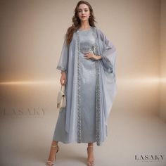 Lasaky - Exquisite East Asian Embroidered Lace Trim Elegant Abayas, Embroidered Maxi Dress, East Asian, Crewneck Dress, Embroidery Fashion, Vestido Casual, Daily Dress, Maxi Dress Party, Casual Sets