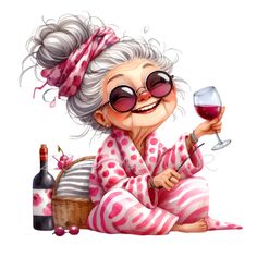 an old woman in pajamas holding a glass of wine and a basket with a bottle