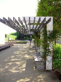 a person walking down a path under a pergolated area with benches and plants