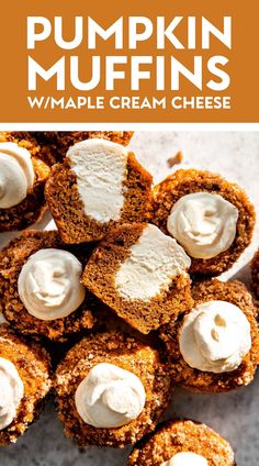 pumpkin muffins with whipped cream on top and the title overlay reads pumpkin muffins w / maple cream cheese