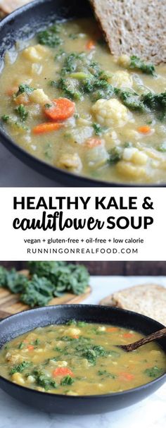 healthy kale and cauliflower soup in a skillet with bread on the side