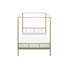 a gold metal bed frame with white sheets and pillows on it, against a white background