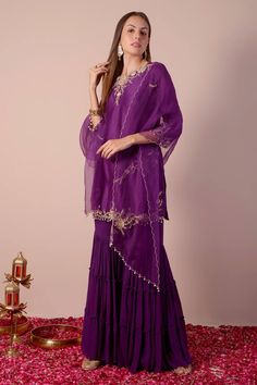 Purple kurta with sequin, bead, cutdana embroidery in floral placement pattern. Paired with tiered gharara and dupatta. - Aza Fashions Kurta Patterns, Beaded Neckline, Three Quarter, Aza Fashion, Round Neck, Custom Made, Types Of Sleeves, Silk, Embroidery