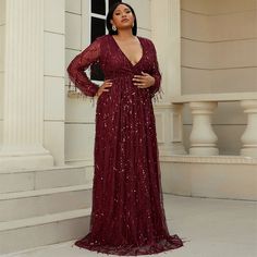 Make a bold statement with timeless elegance in this Dark Red Sequined V-Neck Formal Evening Dress. Adorned with exquisite sequins, its deep red hue exudes sophistication, while the flattering V-neckline adds a touch of allure. Embrace luxury and grace at any formal occasion, commanding attention with every step in this enchanting ensemble. Sparkly Dress Plus Size, Commuter Style, Plus Size Wedding Gowns, Sequin Formal Dress, Plus Size Prom, Sequin Wedding, Red Maxi, Evening Dresses Plus Size, Plus Size Prom Dresses