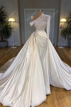 Luxury Pearls One Sleeve Satin Unique Overskirt Wedding Dress Overskirt Wedding Dress, Wedding Dress Detachable Skirt, Extravagant Wedding Dresses, Pretty Wedding Dresses, Fancy Wedding Dresses, Wedding Gowns Mermaid, Dream Wedding Ideas Dresses, Light Ivory, Wedding Dress Couture