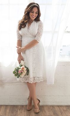 Kiyonna Short Plus Size Wedding Dress - The Dress Outlet Kiyonna Yellow Bride, Flattering Wedding Dress, Knee Length Wedding Dress, Elegant Dresses Short, Backyard Weddings, Ankara Designs, Rehearsal Dinner Dresses, Belle Dress, Casual Wedding Dress