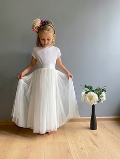 Girl Floor Length Tulle Skirt, Flower Girl Skirt - Etsy Fitted Tulle Tutu Dress For Confirmation, Princess Style Tutu Dress For Confirmation With Tulle Skirt, Princess Style Tulle Tutu Dress For Confirmation, White Tulle Long Skirt Dress, White Long Tulle Skirt Dress, White Long Tulle Dress, White Tulle Full Skirt Dress, White Tulle Dress With Full Skirt, White Tulle Long Dress