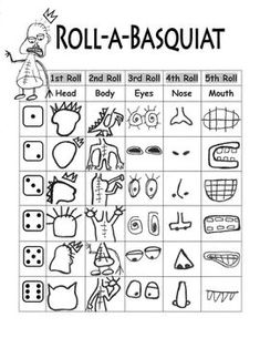 the roll - a - basquat game is shown in black and white, with pictures