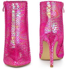 Expertly crafted from snakeskin printed faux leather, this pair features an all-over snake printing and stiletto heels for comfort. A zipper on one side makes it easy to put on and take off. Complete your ensemble with these ankle boots. Colorful Snakeskin Printed Boots, Stiletto Heel Ankle Boots, Pointed Toe, Snake Printing, Side Zip. Vamp: Snakeskin printed Faux Leather; Outsole: Rubber; Heel: ABS. Heel Height: 3 3/4 inches. Please check the size measurement chart before ordering Glamorous Pink Boots For Night Out, Trendy Pink Heeled Boots For Night Out, Pink Pointed Toe Boots For Night Out, Pink Party Ankle Boots, Pink Pointed Toe Heeled Boots For Evening, Pink Ankle Heeled Boots For Party, Pink Party Ankle Heeled Boots, Snake Print Party Boots, Luxury Pink Pointed Toe Boots