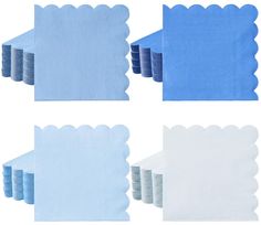 blue and white napkins with scalloped edges are arranged in the same pattern