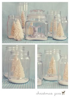 there are four pictures of christmas trees in glass jars