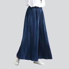 Unveil a timeless look with our 2023 Autumn Collection Pleated Navy Culottes Denim Pants—an alluring mix of vintage-style y2k. a dark wash finish. and modern-day style.Why These Pants are an Autumn EssentialFashioned with a classic y2k style. these pantskirt are a timeless addition to any wardrobe. The dark wash finish is a stylish choice for autumnal days. enhanced by its high-waisted silhouette and rubber closure. Perfect for day or night. these denim pants will be your go-to for any occasion. Indigo Full Length Bottoms For Summer, Summer Full-length Denim Blue Flare Jeans, Denim Blue Full Length Flare Jeans For Summer, Chic Wide Leg Pants In Denim Blue For Fall, High Waist Indigo Jeans For Summer, Dark Wash Full-length Pants For Spring, Dark Wash Full Length Pants For Spring, Mid-rise Wide Leg Pants For Spring, Spring Denim Blue Wide Leg Pants Relaxed Fit