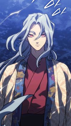 an anime character with long white hair standing in front of the ocean and staring at something