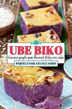 two pieces of cake sitting on top of a plate with the words ube biko