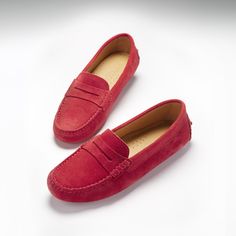 Hugs & Co. red penny loafer driving shoes for women. Moccasin style driving loafers in luxurious red suede outer and lined with a soft leather for extra comfort. Made in Portugal 100% Suede Upper featuring a 100% Leather Lining Rubber studded sole Women Sneakers Outfit, Red Sole Shoes, Sneaker Outfits Women, Moccasins Style, Driving Loafers, Penny Loafer, Women Sneakers, Driving Shoes, Red Suede