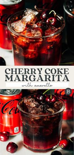 cherry coke margarita in a glass with ice and cherries