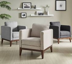 a living room with two chairs and a potted plant