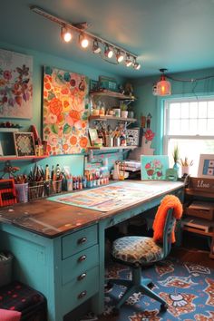 Woman Cave Ideas Library And Art Room, Small Art Space Ideas, Home Craft Space, Art Studio Bedroom Combo, Pretty Craft Room Ideas, Reading And Craft Room, Large Desk Makeover, Craft Desk Aesthetic, Sewing Center Ideas