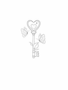 a drawing of a key with a heart on it and two butterflies flying around the key