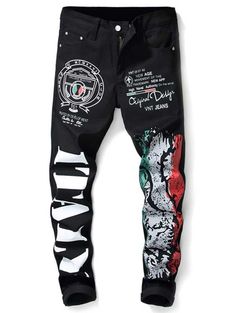 Letter Paint Zip Fly Jeans - Black - 3980082612 - Men's Clothing, Men's Bottoms, Men's Jeans  #MensJeans #Men's #Clothing # #Men's #Bottoms # #Men's #Jeans Minimalist Wardrobe Men, Italian Style Fashion, Skull Pants, Custom Jeans, Hoodie Fits, Pants Fit, Patchwork Jeans, Urban Street Style, Boys Sweatshirts