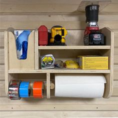 a wooden shelf filled with lots of different items