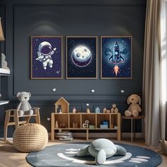 a child's room with two pictures on the wall and toys in the floor