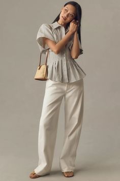 The Tobie Pleated Blouse by Exquise | Anthropologie Exaggerated Sleeves, Women's Button Down Shirt, Unique Blouse, Pleated Blouse, Style Mistakes, Cozy Knits, Nice Tops, Dress Brands, Formal Wear