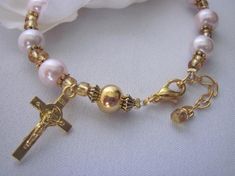 Femanine Gold, Pink Pearl Traditional Rosary Bracelet, Mother's Day Gift, Single Decade Bracelet, Re Gold Pearl Rosary Bracelet With Round Beads, Adjustable Gold Rosary Bracelet With Pearl Charm, Wedding Rosary Bracelet With Gold Pearls, Adjustable Gold Pearl Rosary Bracelet, Elegant Pink Bracelets For First Communion, Gold Bracelets With Round Beads For First Communion, Gold Spiritual Rosary Bracelet For Wedding, Rosary Bracelet, Gold Line