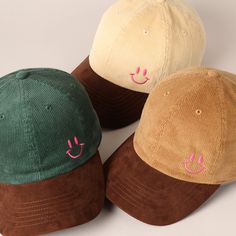 "The cutest baseball cap is a must-have item for every season and daily! This custom embroidery baseball cap is the perfect choice for everybody! Perfect for dog walking, the beach, the gym, the pool, and everyday wear!  It's fully adjustable and easy to style! ** 🧢 Detail & Features 🧢 ** Made from 100% cotton.  Vintage washed style, professional-quality embroidered Mini \"Happy Face\". Lightweight & durable, with adjustable metal buckle back closure. - Plain Two-Tone Corduroy Relaxed-Fit Base Trendy Corduroy Cap, Adjustable Corduroy Baseball Cap For Streetwear, Corduroy Baseball Cap With Embroidered Logo, Casual Corduroy 5-panel Baseball Cap, Corduroy Baseball Cap With Curved Brim, One Size, Corduroy Cap, Embroidery Baseball, Fitted Baseball Caps, Embroidery Caps