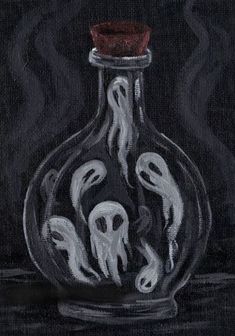 an oil painting of a bottle with ghost faces in it on a black background by copyright sanda 2012