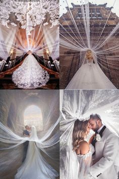 the bride and groom are posing for pictures in their wedding gowns with veils