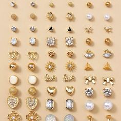 30 Pairs Rhinestone & Flower Stud Earrings Set - New New: Brand New 30 Pc. Pretty Stud Earrings Presented On A Card Color: Multicolor Gold Pearl And More Style: Fashionable Details: Flowers, Heart, Rhinestone Type: Sets Earrings Material: Zinc Alloy Gender: Women Size: 0.4 To 1.5 Cm Alexis Bittar Earrings, Flowers Heart, Handmade Elephant, Preppy Jewelry, Heart Rhinestone, Cherry Earrings, Flower Stud Earrings, Rhinestone Flower, Flower Stud