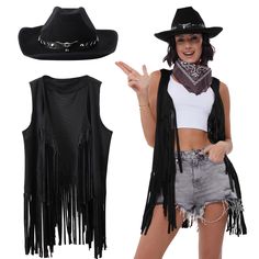 PRICES MAY VARY. 【3Pcs Western Cowgirl Accessories】This cowgirl costume set includes 1 black fringe cardigan, 1 black cowgirl hat, and 1 scarf. Bring an extra touch of the old west to your wardrobe. 【Stylish Fringe Vest & Classic Cowgirl Hats 】The cowgirl vest features a long fringe design and the black cowboy hat features a classic cowboy crease style crown and a high-quality leather hatband, crafted with attention to detail. Effortlessly achieving Western cowboy style, a 70s hippie vibe, and a Fringed Vest Outfit, Cowgirl Vest, Western Cowgirl Outfits, 70s Disco Outfit, Fringe Tops, Cowgirl Outfits For Women, Irish Costumes, Outfit Cowgirl, Classic Cowgirl