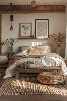 a bed sitting in a bedroom on top of a wooden floor