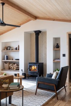 a living room with a wood burning stove in it