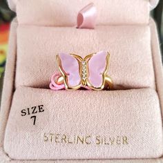 Gold Plated Stamped Sterling Silver Butterfly Ring With Cubic Zirconia Details. Comes In Pink Suede Box. Size 7 Cute Pink Round Rings, Pink Sterling Silver Butterfly Jewelry, Cute Pink Ring Jewelry, Pink Rings For Mother's Day Gift, Cute Pink Sterling Silver Jewelry, Pink Butterfly Jewelry For Gift, Pink Butterfly Jewelry As A Gift, Pink Butterfly Jewelry As Gift, Pink Butterfly Jewelry For Gifts