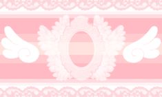 a pink and white striped wallpaper with angel wings on the top, in front of an oval frame